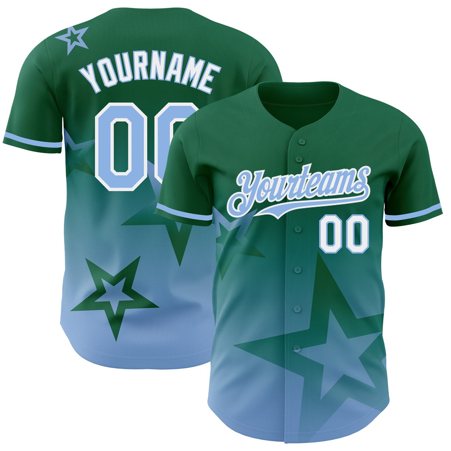 Custom Kelly Green Light Blue-White 3D Pattern Design Gradient Style Twinkle Star Authentic Baseball Jersey - Main View