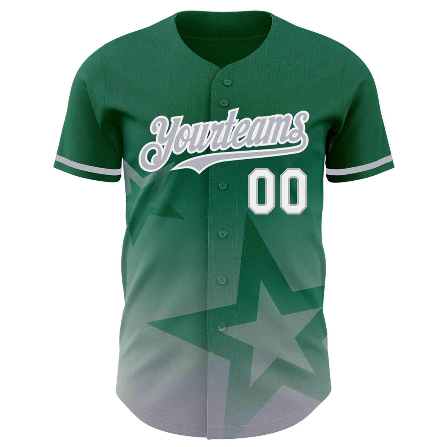 Custom Kelly Green Gray-White 3D Pattern Design Gradient Style Twinkle Star Authentic Baseball Jersey view 2