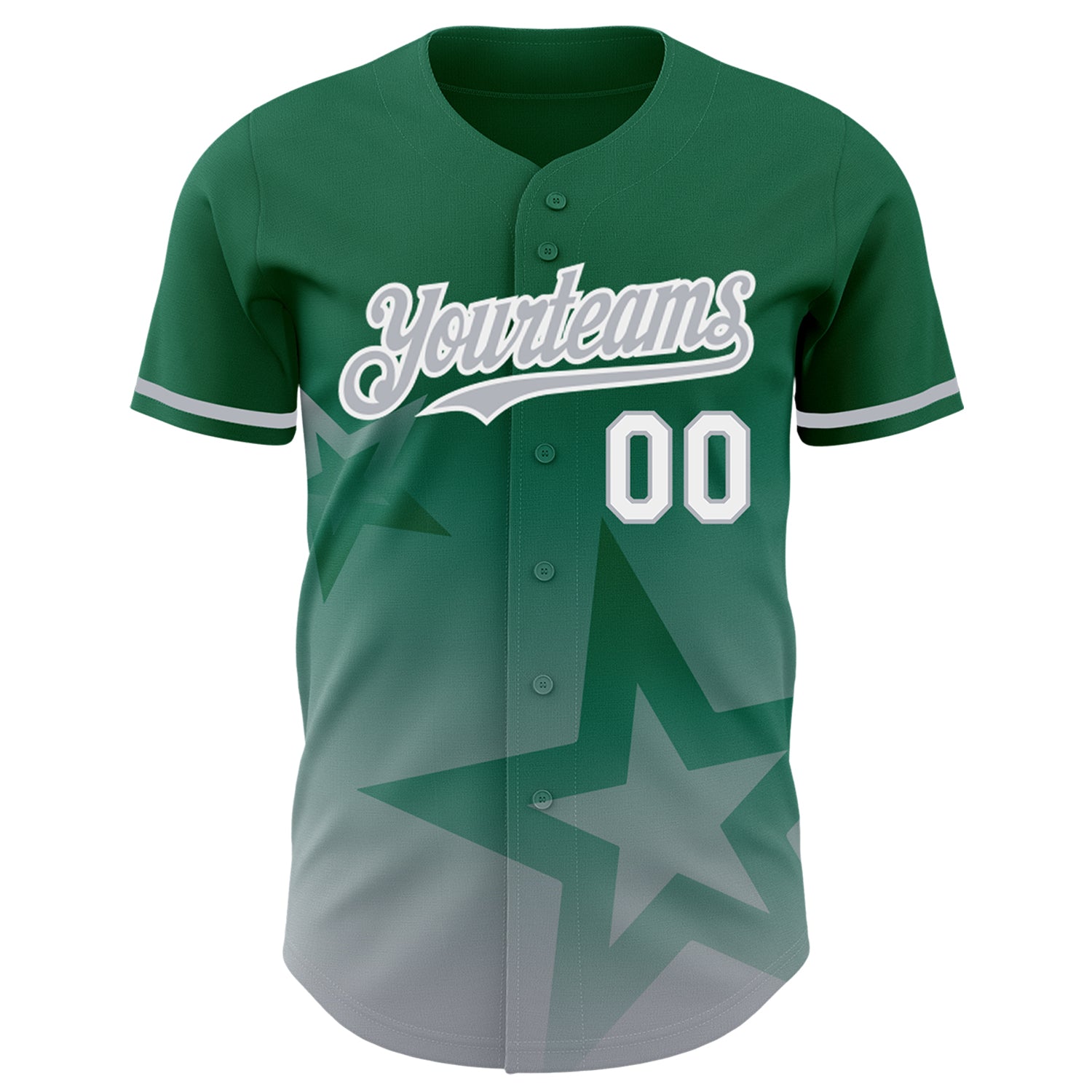 Custom Kelly Green Gray-White 3D Pattern Design Gradient Style Twinkle Star Authentic Baseball Jersey view 2