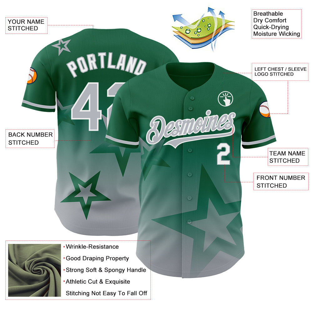 Custom Kelly Green Gray-White 3D Pattern Design Gradient Style Twinkle Star Authentic Baseball Jersey view 3