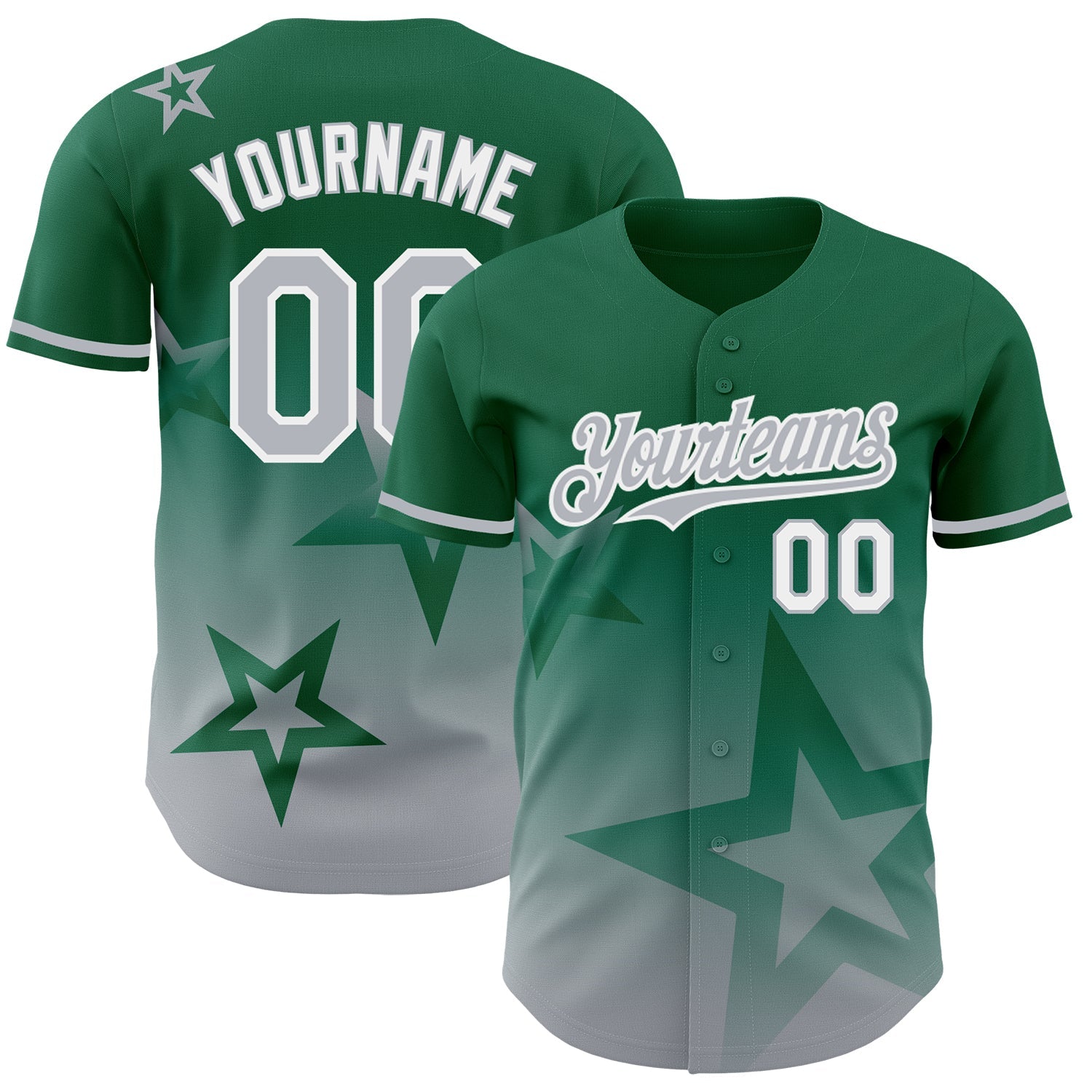 Custom Kelly Green Gray-White 3D Pattern Design Gradient Style Twinkle Star Authentic Baseball Jersey - Main View