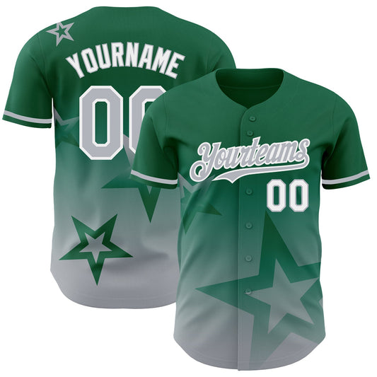 Custom Kelly Green Gray-White 3D Pattern Design Gradient Style Twinkle Star Authentic Baseball Jersey - Main View
