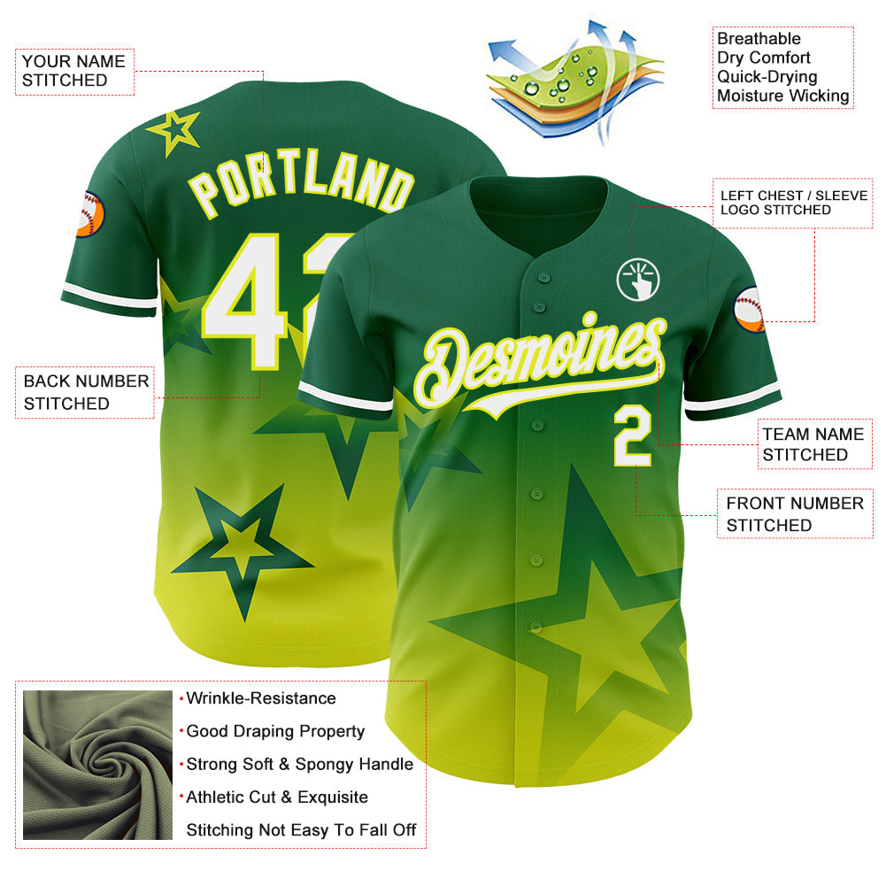 Custom Kelly Green White-Neon Yellow 3D Pattern Design Gradient Style Twinkle Star Authentic Baseball Jersey view 3