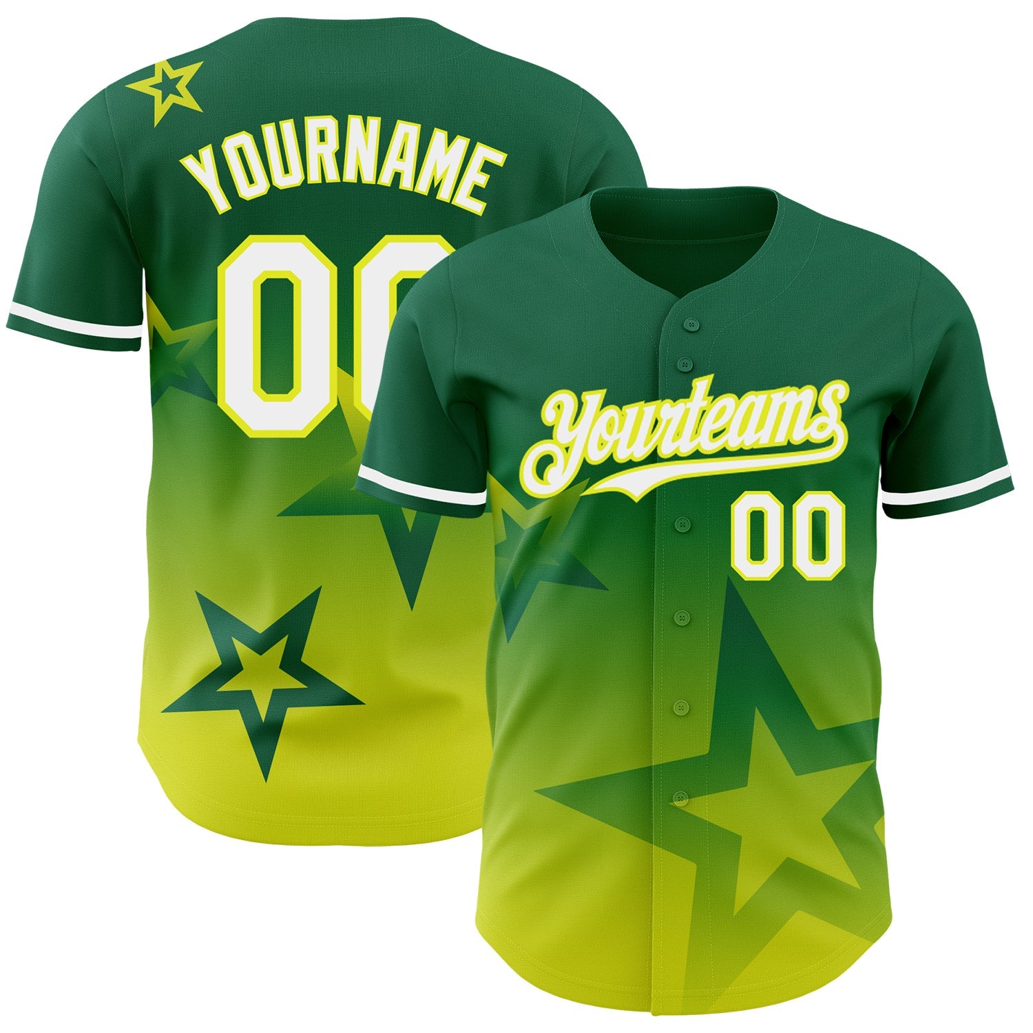 Custom Kelly Green White-Neon Yellow 3D Pattern Design Gradient Style Twinkle Star Authentic Baseball Jersey - Main View