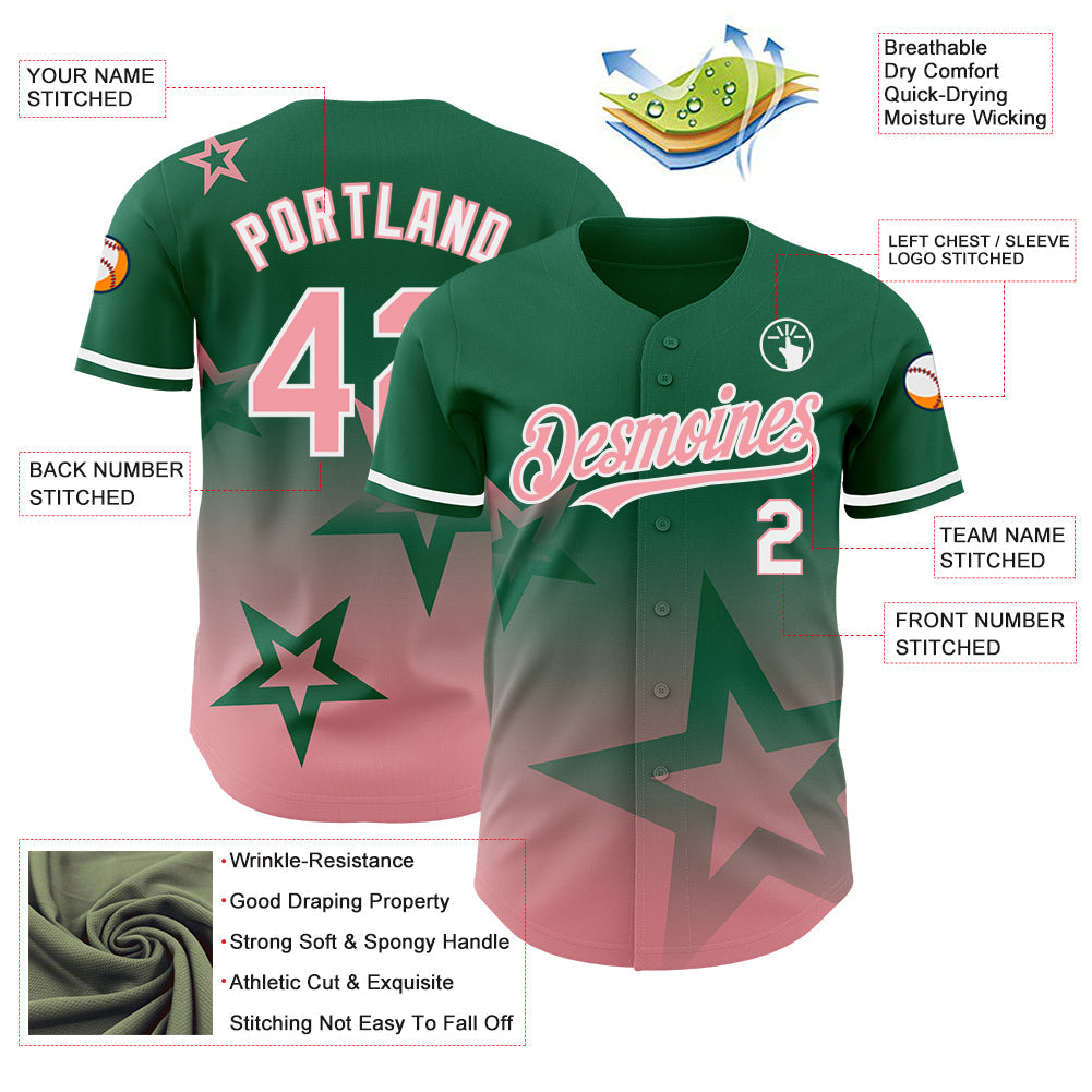 Custom Kelly Green Medium Pink-White 3D Pattern Design Gradient Style Twinkle Star Authentic Baseball Jersey view 3
