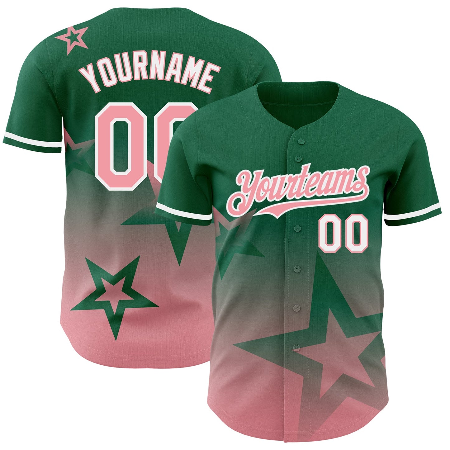 Custom Kelly Green Medium Pink-White 3D Pattern Design Gradient Style Twinkle Star Authentic Baseball Jersey - Main View