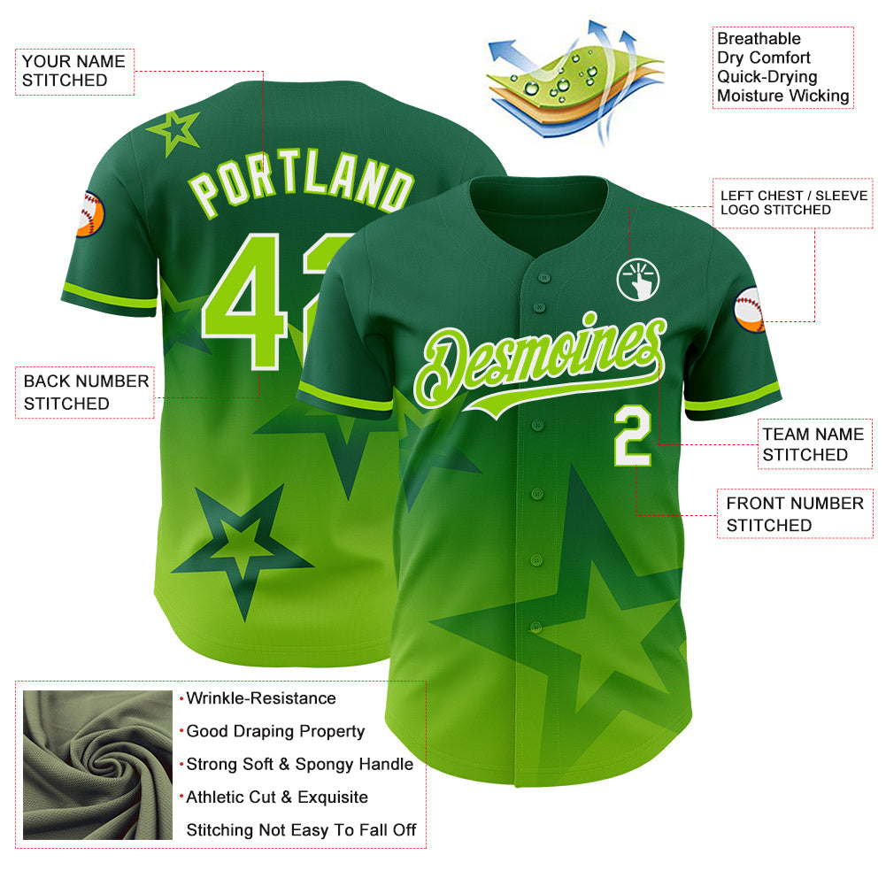 Custom Kelly Green Neon Green-White 3D Pattern Design Gradient Style Twinkle Star Authentic Baseball Jersey view 3