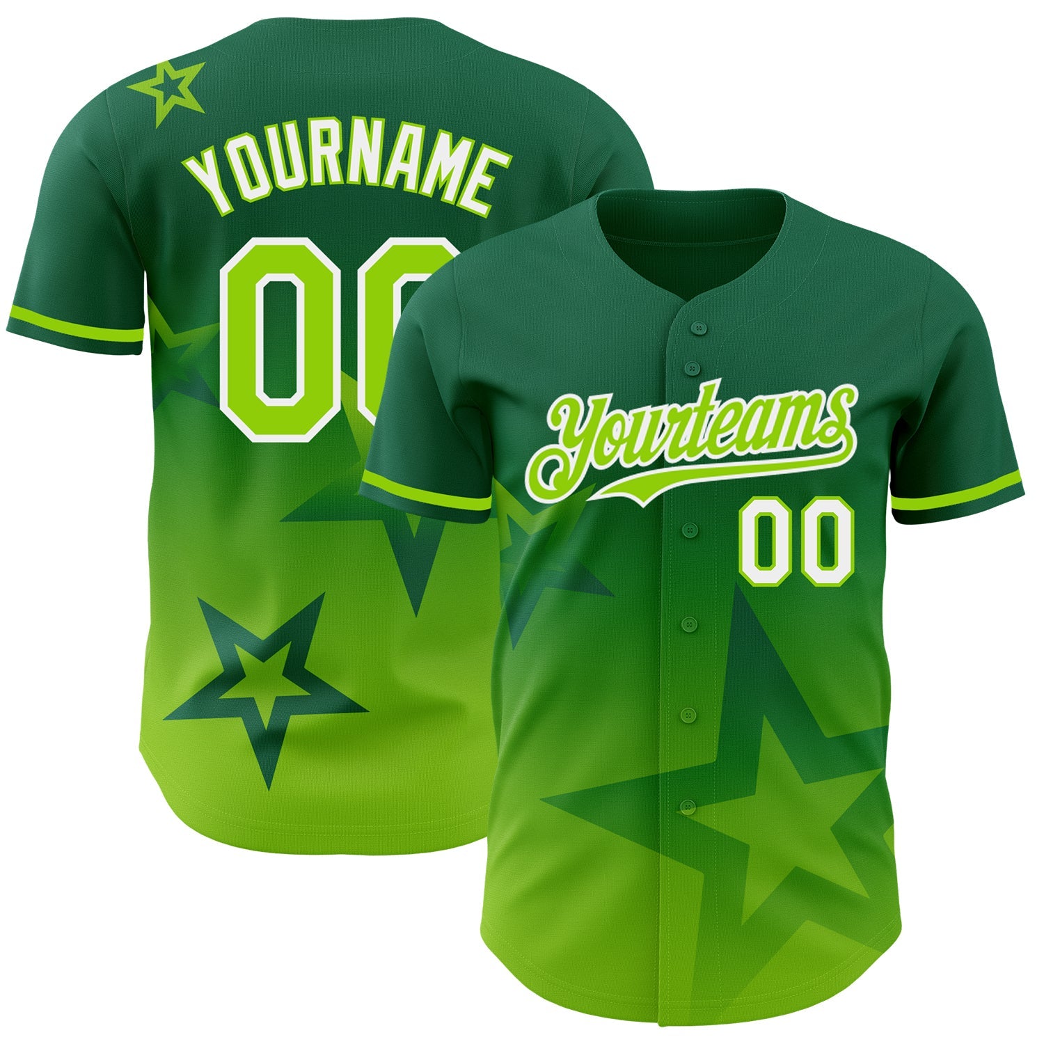 Custom Kelly Green Neon Green-White 3D Pattern Design Gradient Style Twinkle Star Authentic Baseball Jersey - Main View