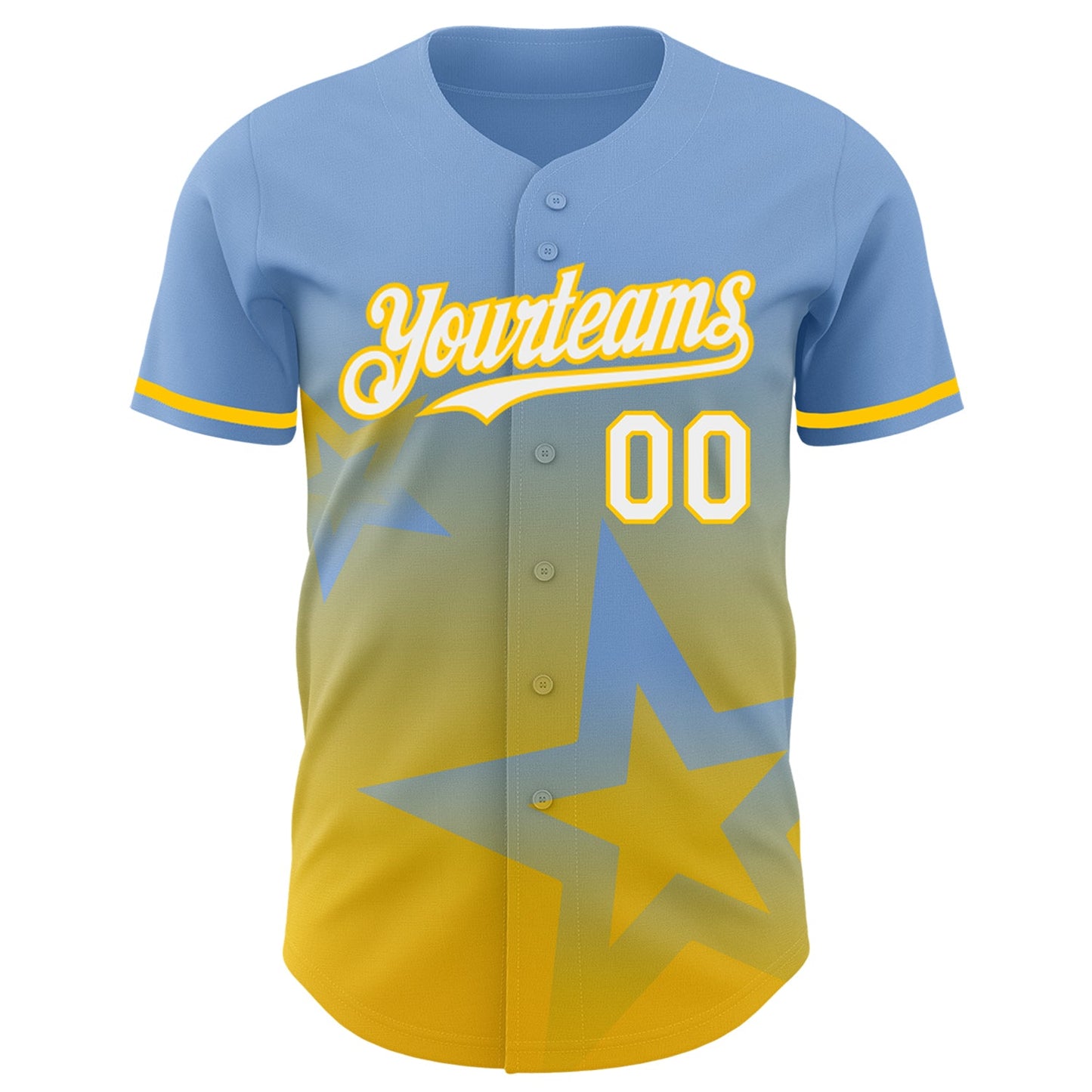 Custom Light Blue White-Yellow 3D Pattern Design Gradient Style Twinkle Star Authentic Baseball Jersey view 2