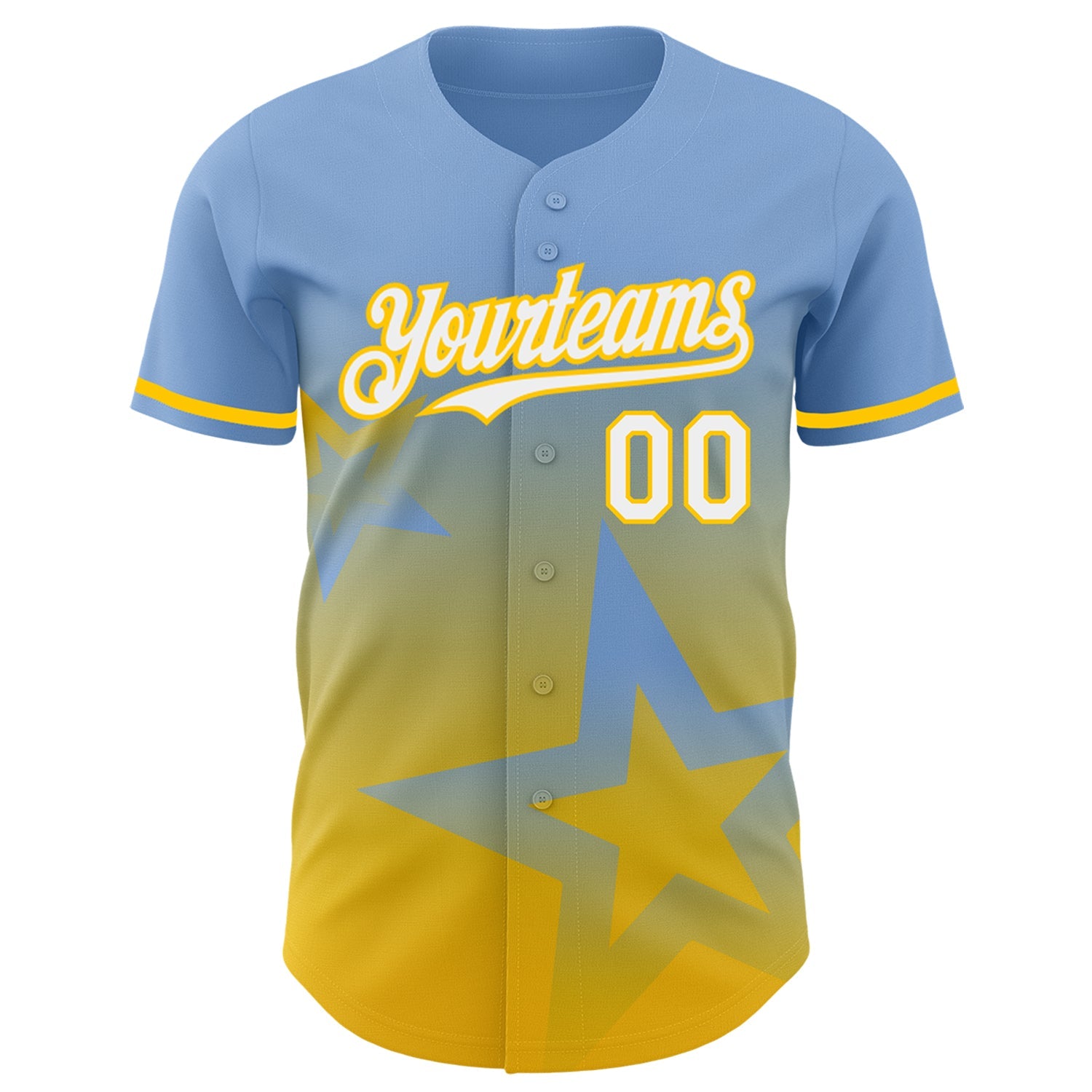 Custom Light Blue White-Yellow 3D Pattern Design Gradient Style Twinkle Star Authentic Baseball Jersey view 2