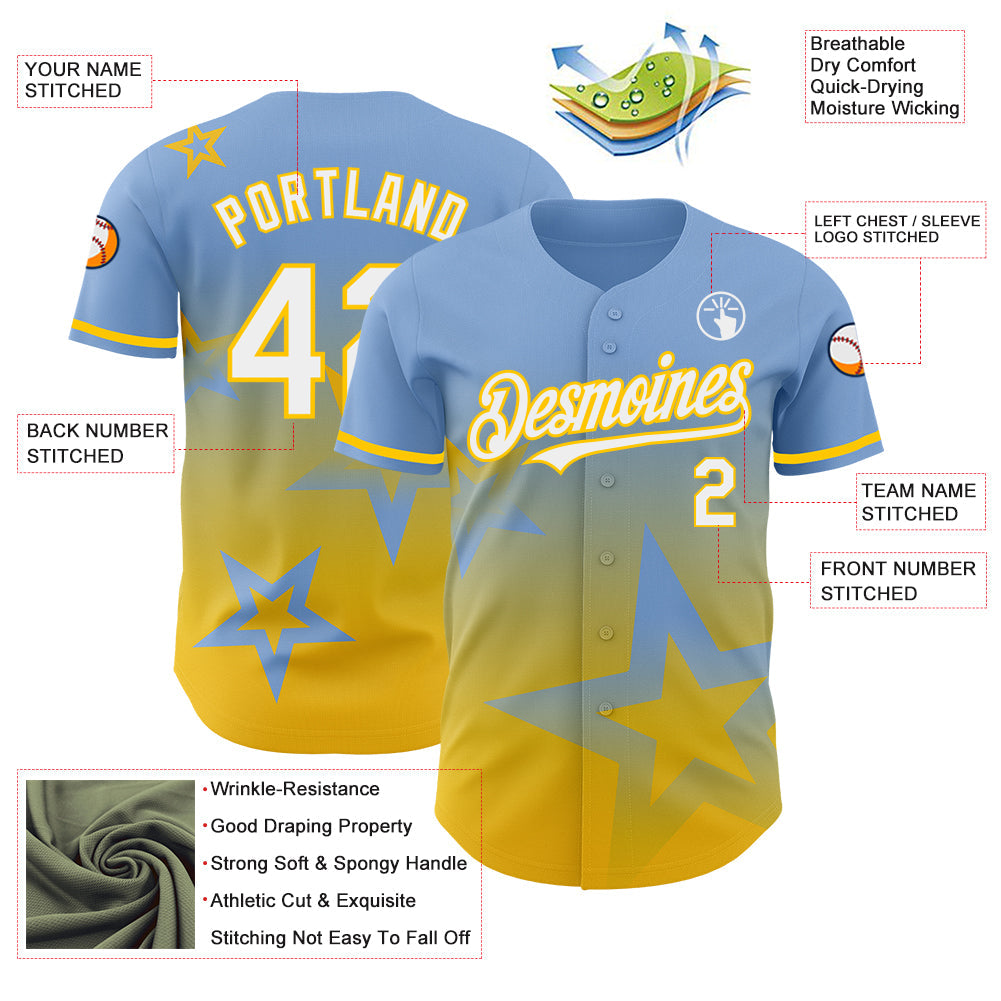 Custom Light Blue White-Yellow 3D Pattern Design Gradient Style Twinkle Star Authentic Baseball Jersey view 3