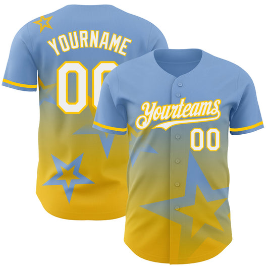 Custom Light Blue White-Yellow 3D Pattern Design Gradient Style Twinkle Star Authentic Baseball Jersey - Main View