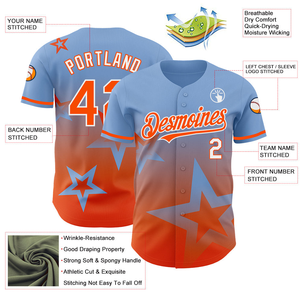 Custom Light Blue Orange-White 3D Pattern Design Gradient Style Twinkle Star Authentic Baseball Jersey view 3
