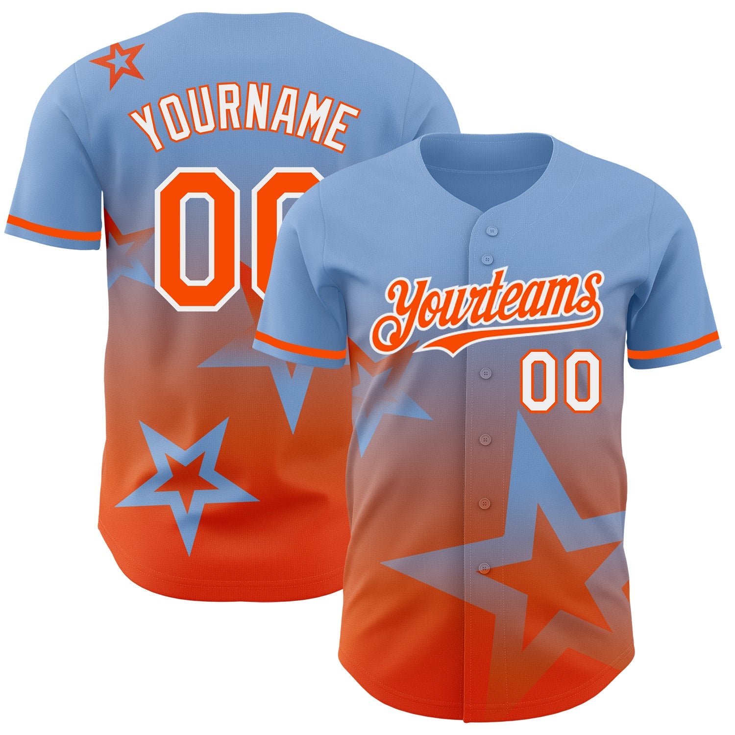 Custom Light Blue Orange-White 3D Pattern Design Gradient Style Twinkle Star Authentic Baseball Jersey - Main View