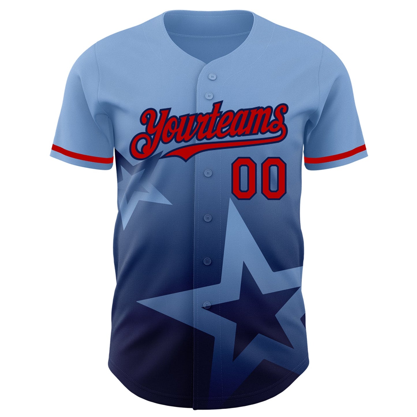Custom Light Blue Red-Navy 3D Pattern Design Gradient Style Twinkle Star Authentic Baseball Jersey view 2
