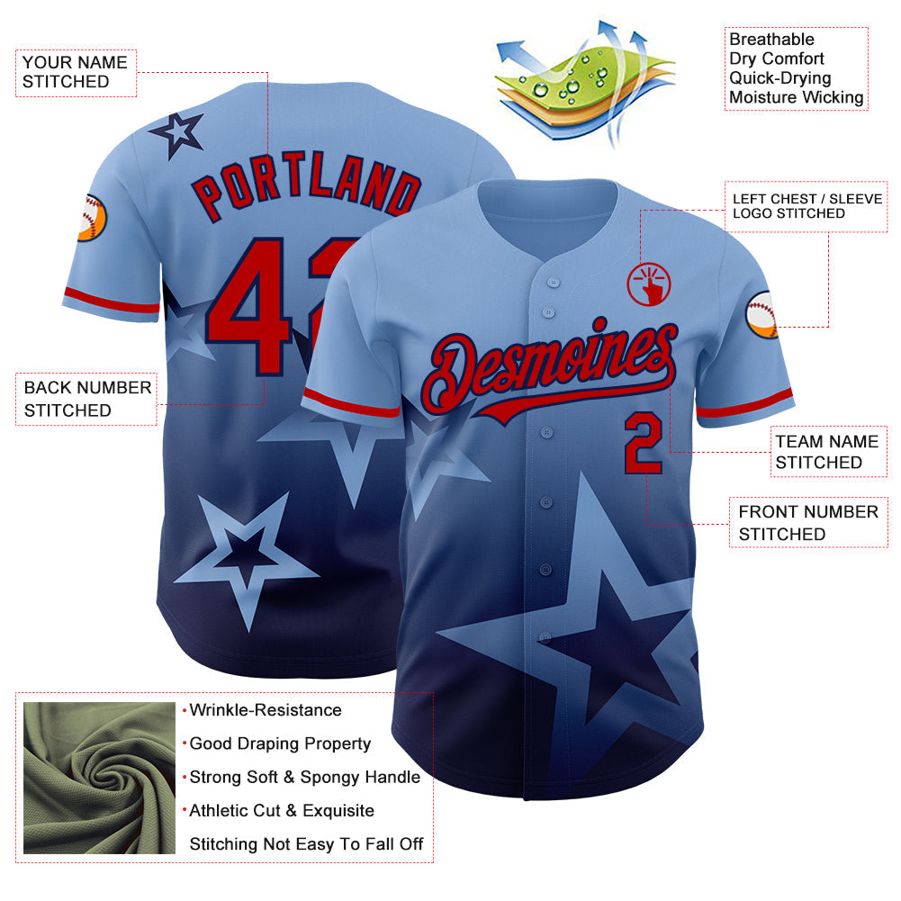 Custom Light Blue Red-Navy 3D Pattern Design Gradient Style Twinkle Star Authentic Baseball Jersey view 3