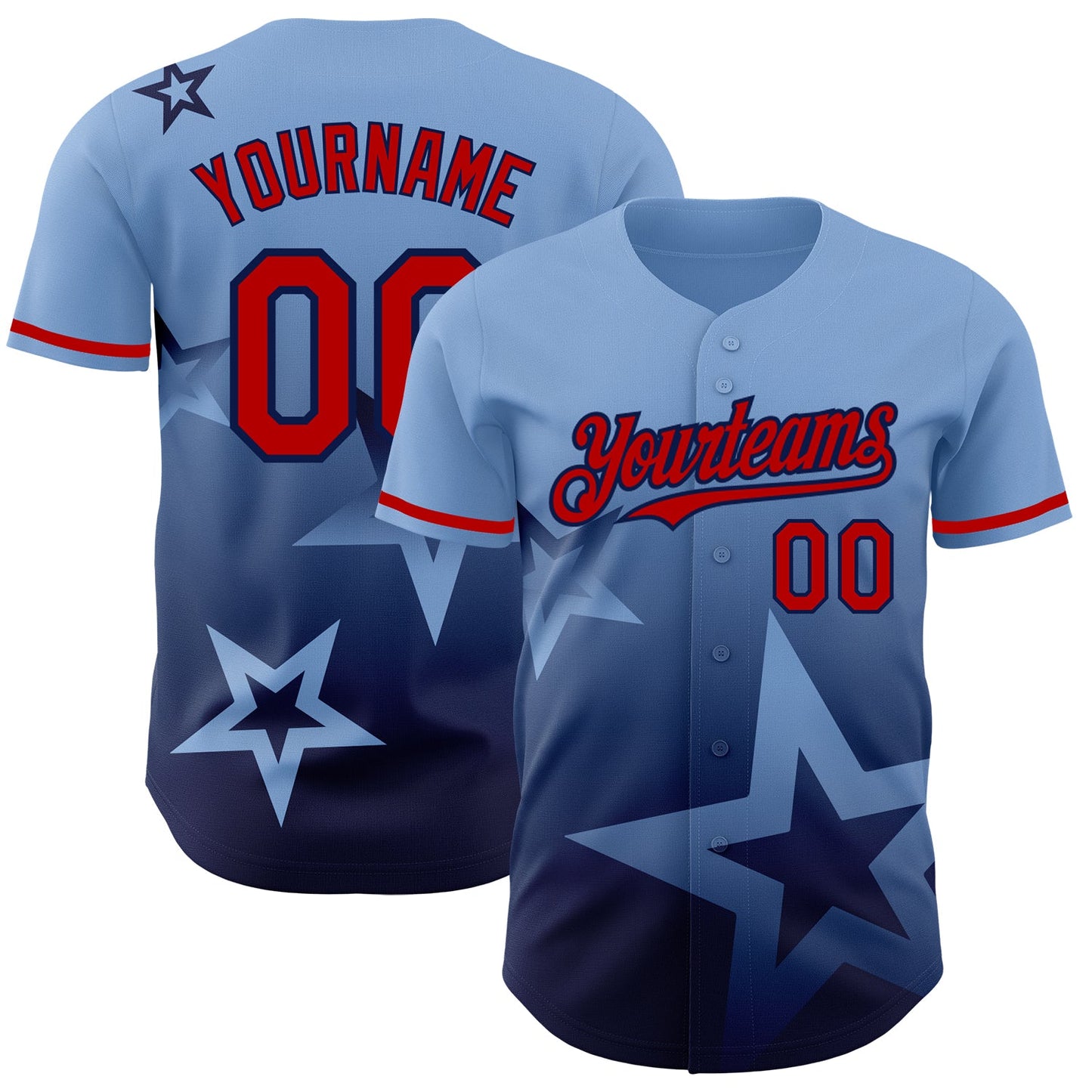 Custom Light Blue Red-Navy 3D Pattern Design Gradient Style Twinkle Star Authentic Baseball Jersey - Main View