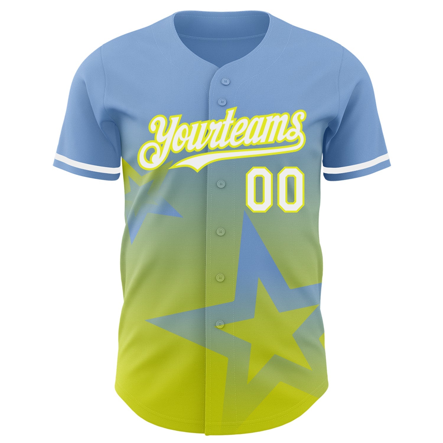 Custom Light Blue White-Neon Yellow 3D Pattern Design Gradient Style Twinkle Star Authentic Baseball Jersey view 2