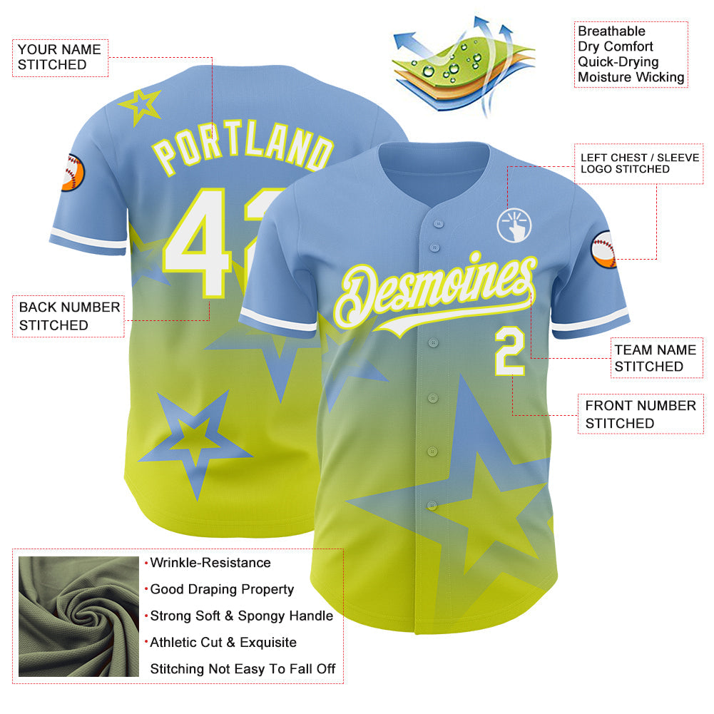 Custom Light Blue White-Neon Yellow 3D Pattern Design Gradient Style Twinkle Star Authentic Baseball Jersey view 3