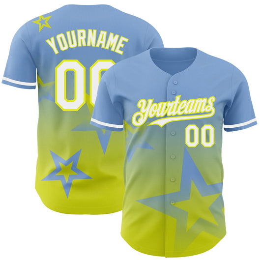 Custom Light Blue White-Neon Yellow 3D Pattern Design Gradient Style Twinkle Star Authentic Baseball Jersey - Main View