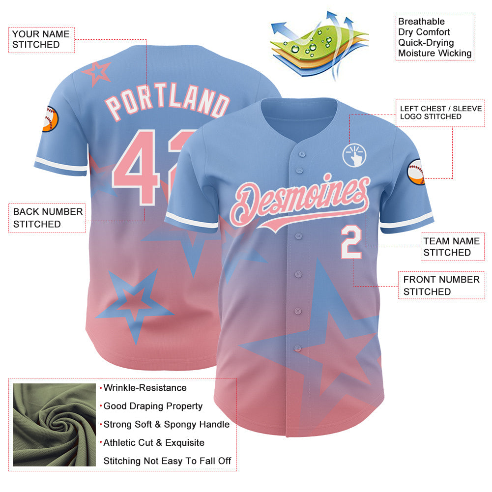 Custom Light Blue Medium Pink-White 3D Pattern Design Gradient Style Twinkle Star Authentic Baseball Jersey view 3