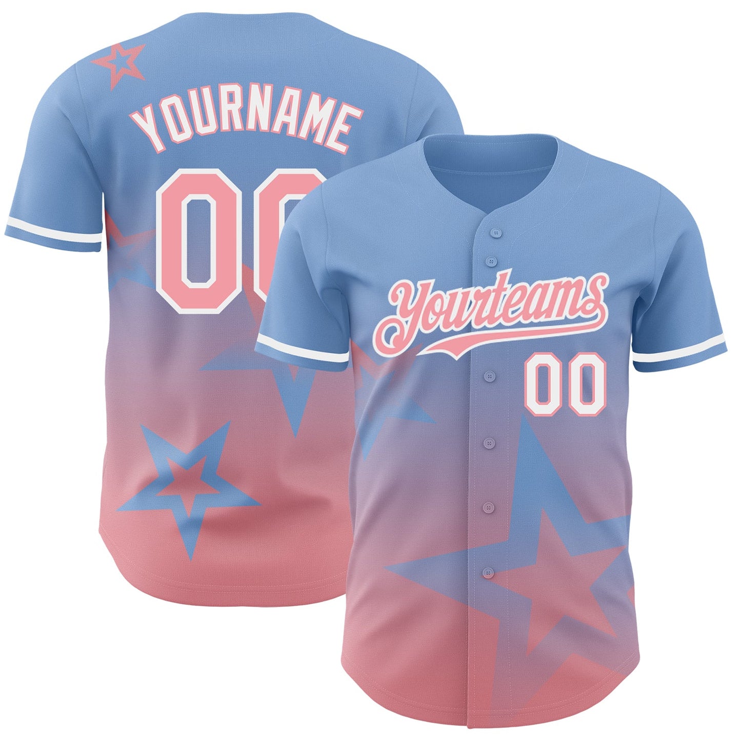 Custom Light Blue Medium Pink-White 3D Pattern Design Gradient Style Twinkle Star Authentic Baseball Jersey - Main View