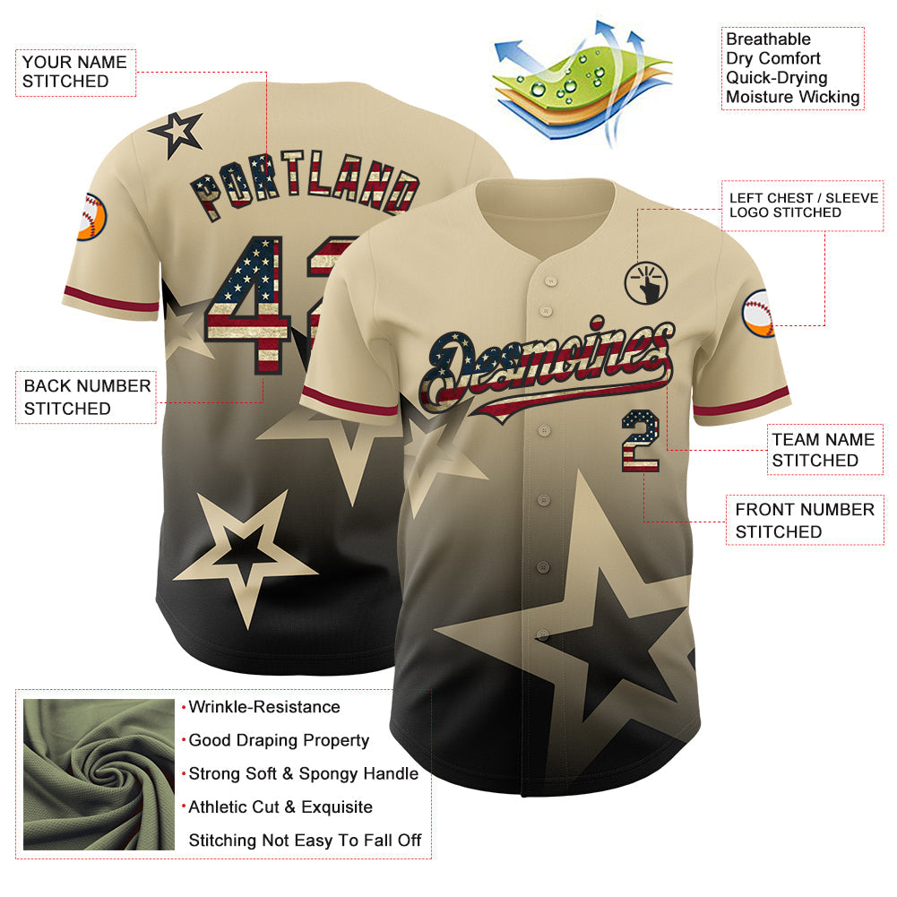 Custom Cream Vintage USA Flag-Black 3D Pattern Design Gradient Style Twinkle Star Authentic Baseball Jersey view 4