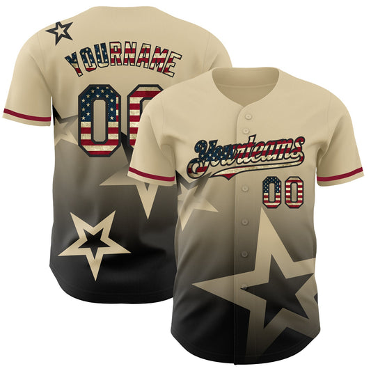 Custom Cream Vintage USA Flag-Black 3D Pattern Design Gradient Style Twinkle Star Authentic Baseball Jersey - Main View