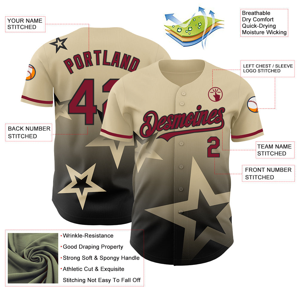 Custom Cream Crimson-Black 3D Pattern Design Gradient Style Twinkle Star Authentic Baseball Jersey view 3