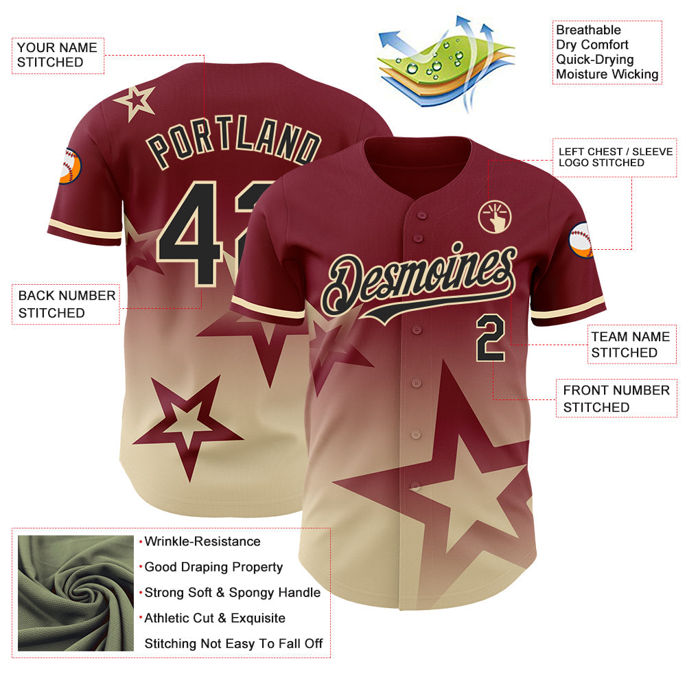 Custom Crimson Black-Cream 3D Pattern Design Gradient Style Twinkle Star Authentic Baseball Jersey view 3