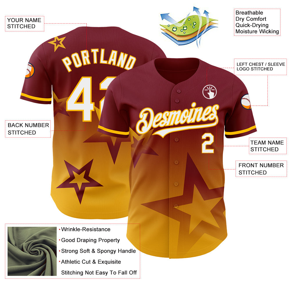Custom Crimson White-Gold 3D Pattern Design Gradient Style Twinkle Star Authentic Baseball Jersey view 3