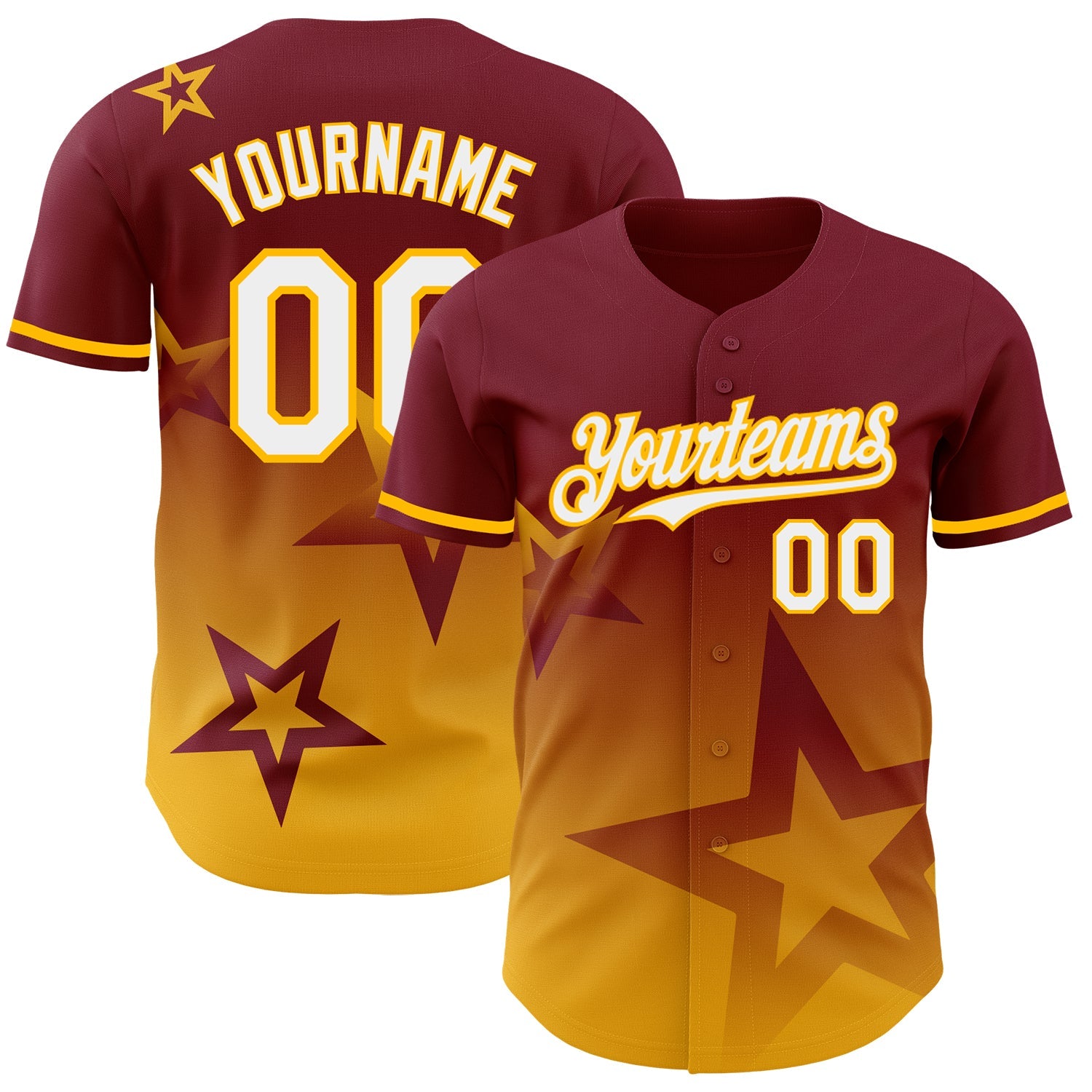Custom Crimson White-Gold 3D Pattern Design Gradient Style Twinkle Star Authentic Baseball Jersey - Main View