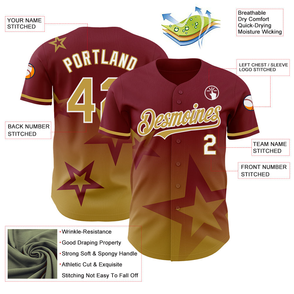 Custom Crimson Old Gold-White 3D Pattern Design Gradient Style Twinkle Star Authentic Baseball Jersey view 3