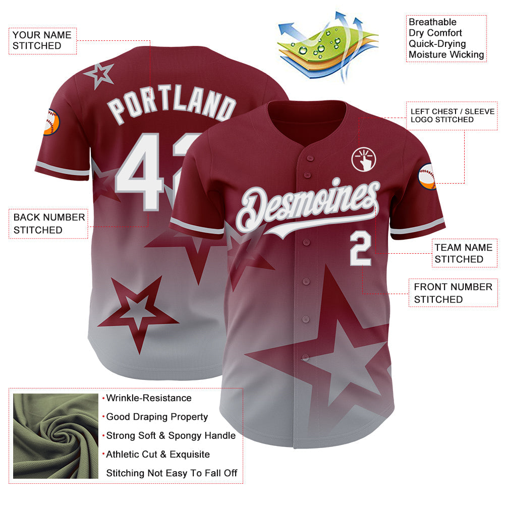 Custom Crimson White-Gray 3D Pattern Design Gradient Style Twinkle Star Authentic Baseball Jersey view 3