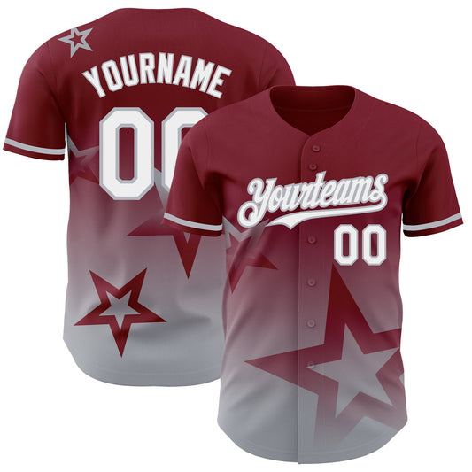 Custom Crimson White-Gray 3D Pattern Design Gradient Style Twinkle Star Authentic Baseball Jersey - Main View