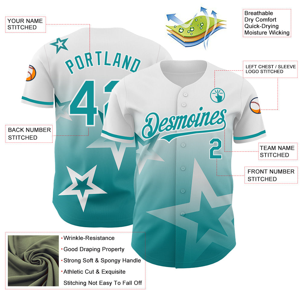 Custom White Teal 3D Pattern Design Gradient Style Twinkle Star Authentic Baseball Jersey view 3