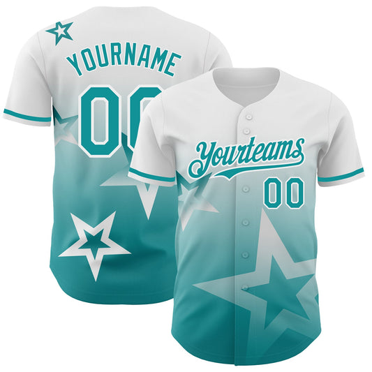 Custom White Teal 3D Pattern Design Gradient Style Twinkle Star Authentic Baseball Jersey - Main View