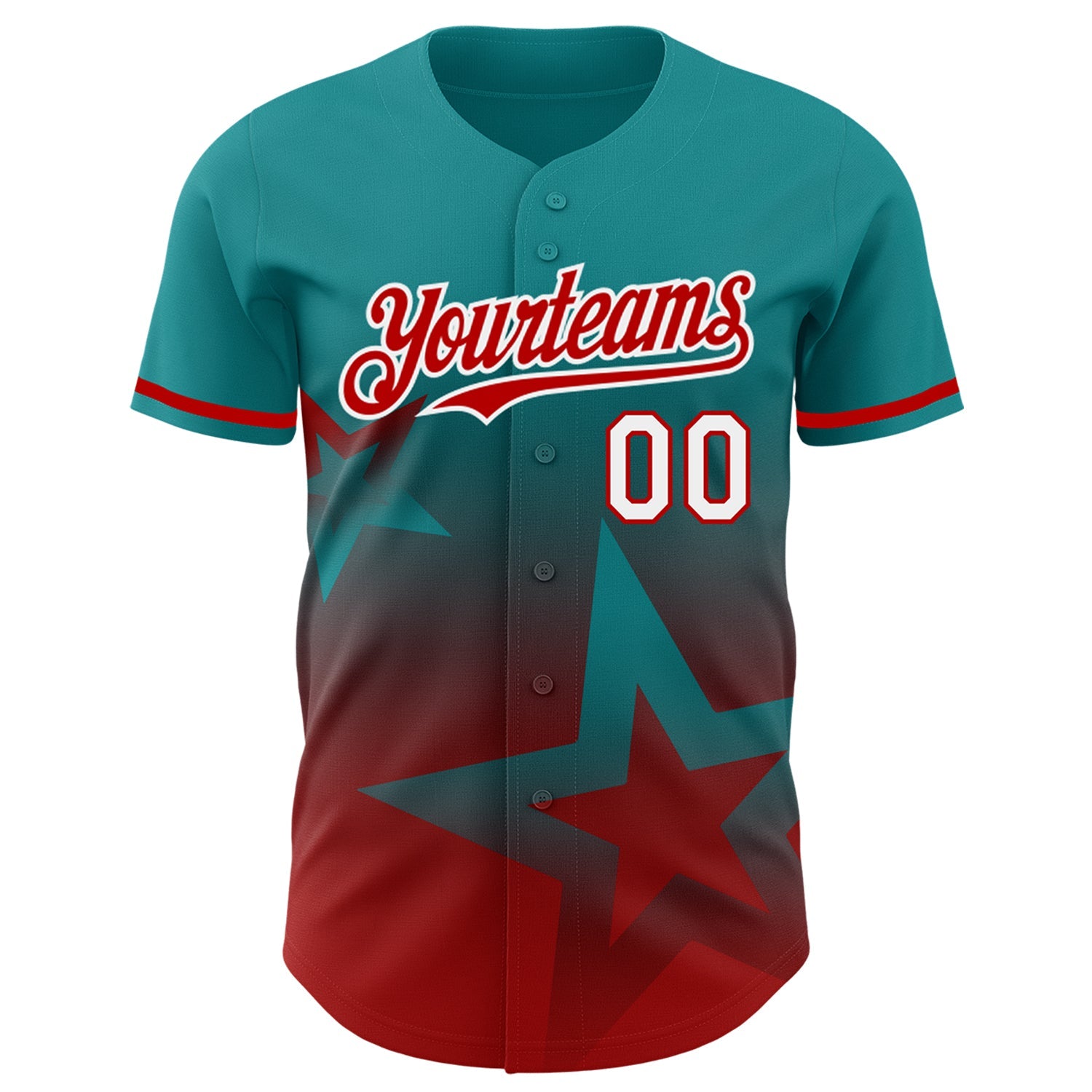 Custom Teal Red-White 3D Pattern Design Gradient Style Twinkle Star Authentic Baseball Jersey view 2
