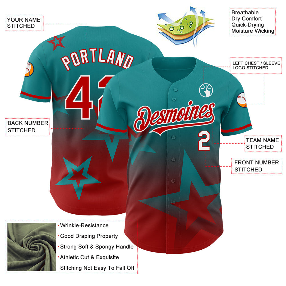 Custom Teal Red-White 3D Pattern Design Gradient Style Twinkle Star Authentic Baseball Jersey view 3