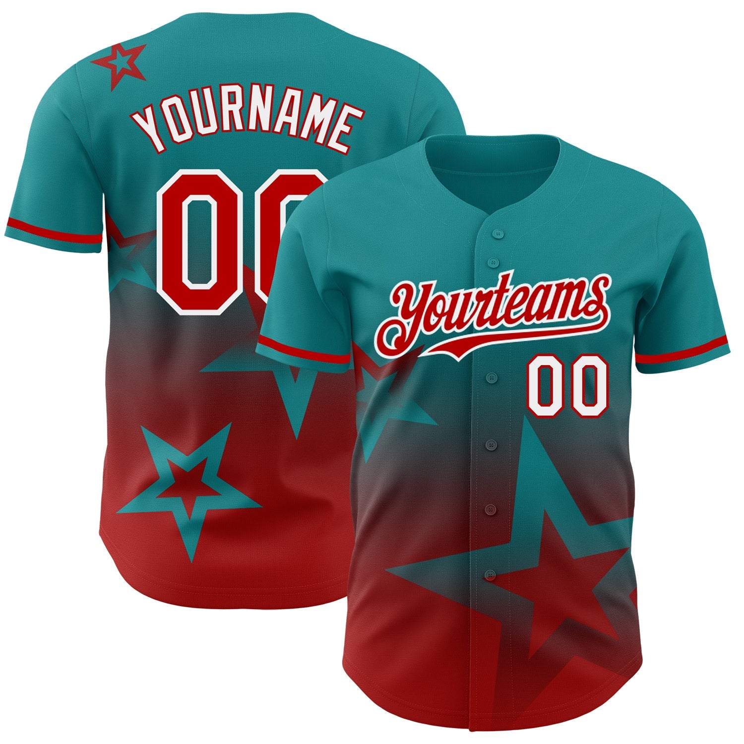Custom Teal Red-White 3D Pattern Design Gradient Style Twinkle Star Authentic Baseball Jersey - Main View