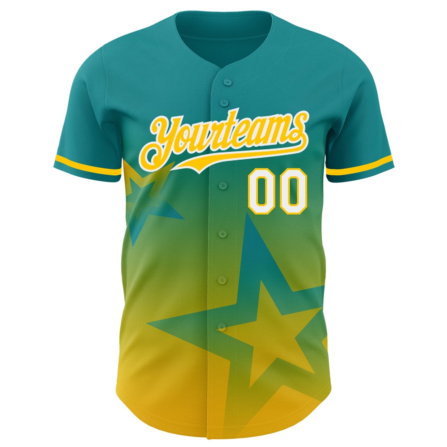 Custom Teal Yellow-White 3D Pattern Design Gradient Style Twinkle Star Authentic Baseball Jersey view 2