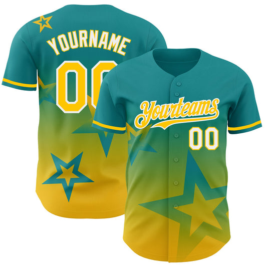Custom Teal Yellow-White 3D Pattern Design Gradient Style Twinkle Star Authentic Baseball Jersey - Main View