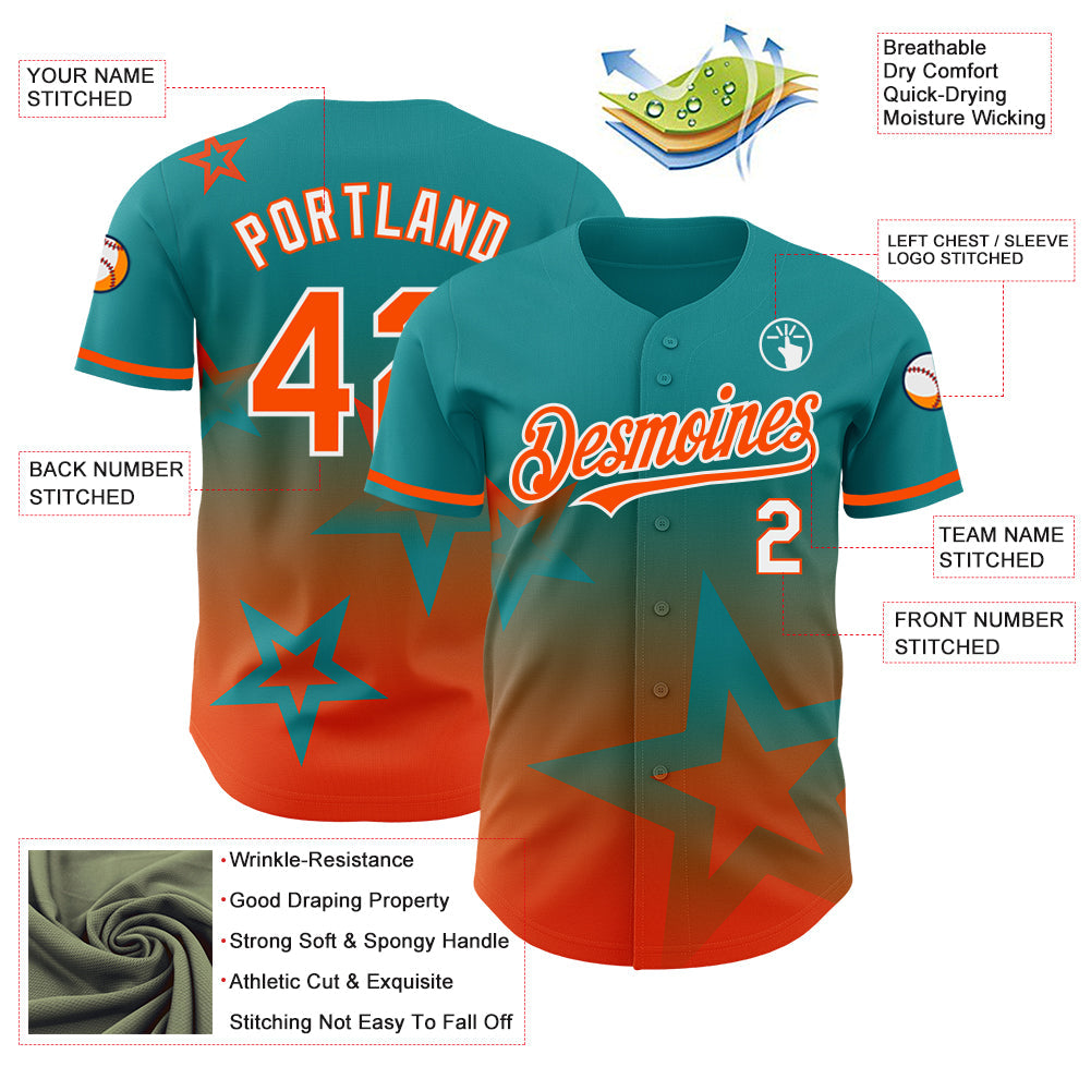 Custom Teal Orange-White 3D Pattern Design Gradient Style Twinkle Star Authentic Baseball Jersey view 3