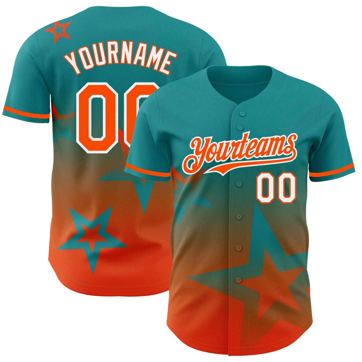 Custom Teal Orange-White 3D Pattern Design Gradient Style Twinkle Star Authentic Baseball Jersey - Main View