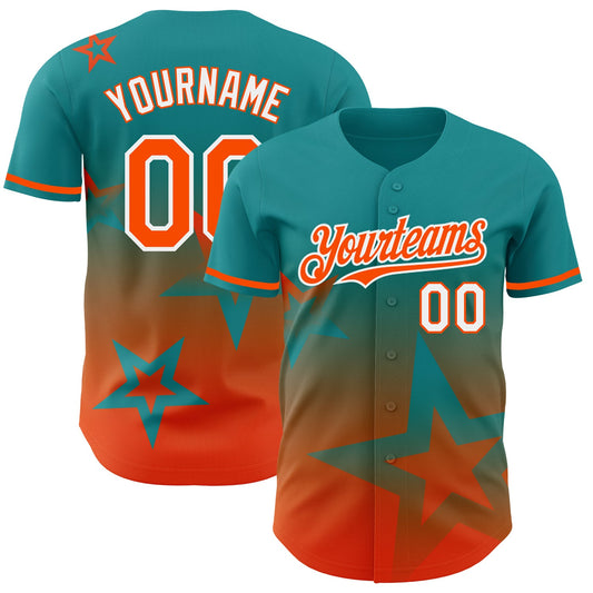 Custom Teal Orange-White 3D Pattern Design Gradient Style Twinkle Star Authentic Baseball Jersey - Main View