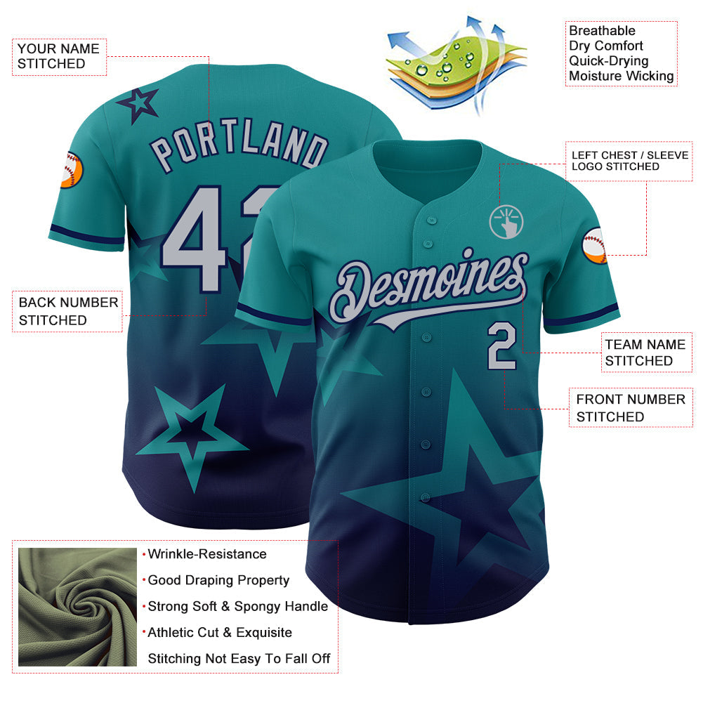 Custom Teal Gray-Navy 3D Pattern Design Gradient Style Twinkle Star Authentic Baseball Jersey view 3