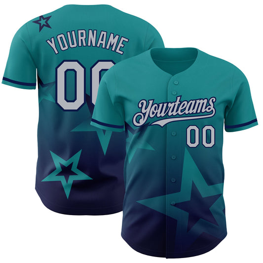 Custom Teal Gray-Navy 3D Pattern Design Gradient Style Twinkle Star Authentic Baseball Jersey - Main View