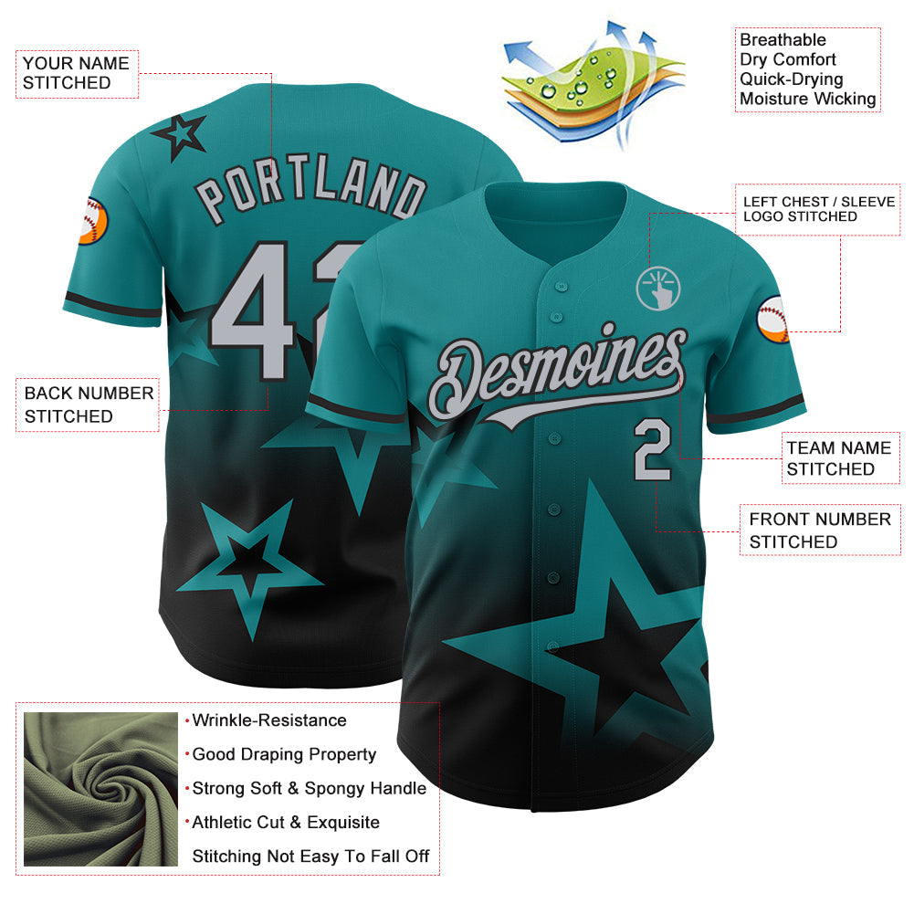 Custom Teal Gray-Black 3D Pattern Design Gradient Style Twinkle Star Authentic Baseball Jersey view 3