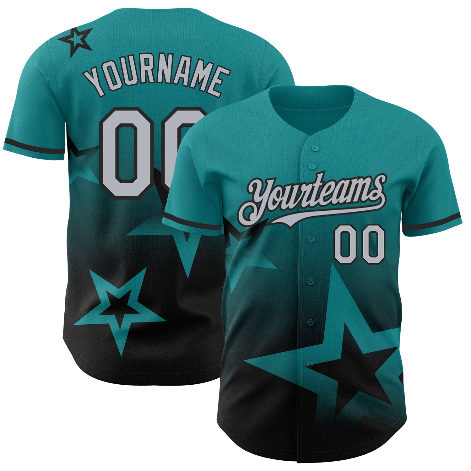 Custom Teal Gray-Black 3D Pattern Design Gradient Style Twinkle Star Authentic Baseball Jersey - Main View