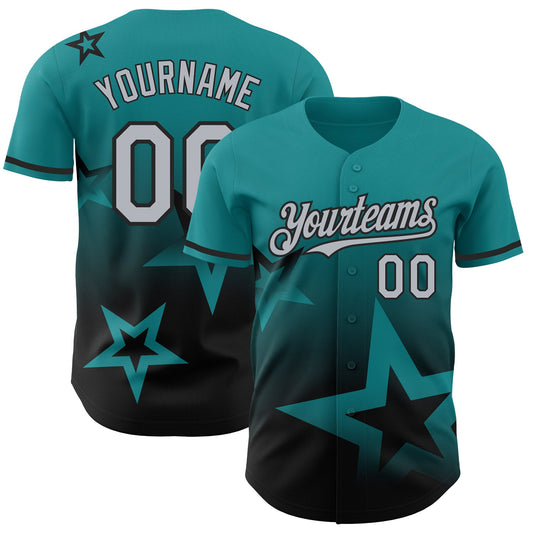 Custom Teal Gray-Black 3D Pattern Design Gradient Style Twinkle Star Authentic Baseball Jersey - Main View
